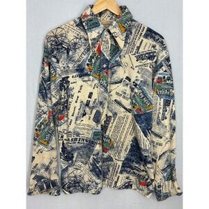 Grants Button Up Shirt Mens Multicolor Historical Newspaper Print L Vintage 90s